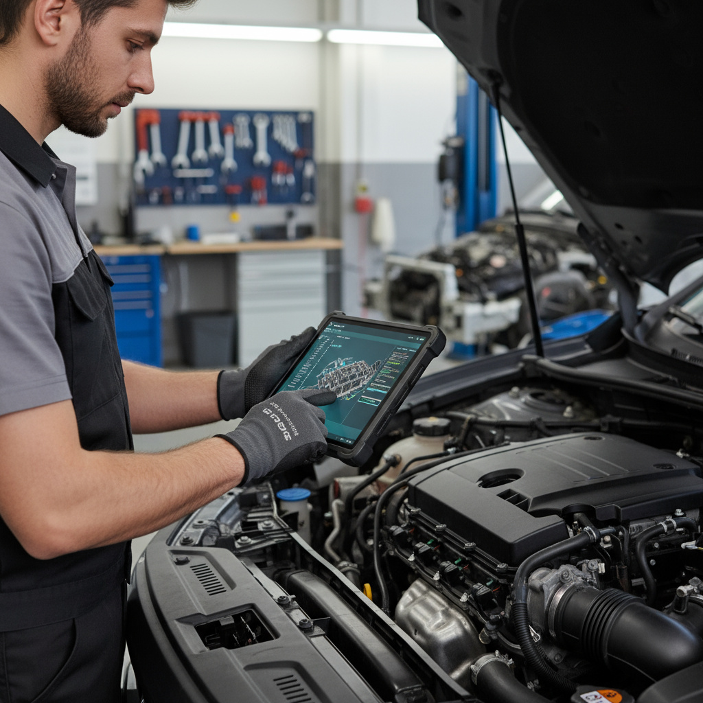 Diagnose mit Tablet am Motorraum